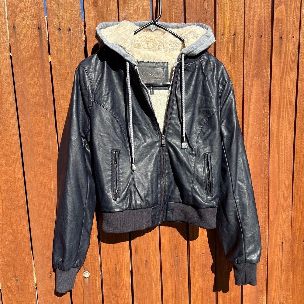 Ci Sono Black and Gray Faux Leather Hooded Jacket (M)